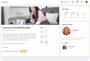 New employee using a microlearning platform featuring a gamified learning journey with missions, points, badges, and trainer profiles