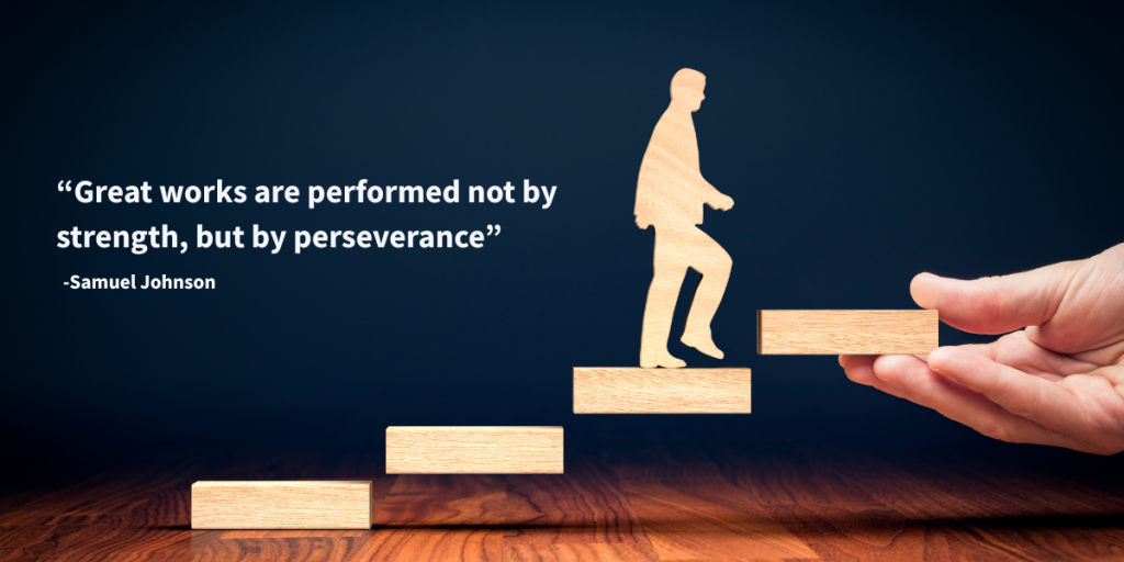 Photo of a person made of cupboard climbing stairs, signifying motivation and drive. The image also includes one of the most appealing inspirational quotes for work team motivation: “Great works are performed not by strength, but by perseverance” from Samuel Johnson.