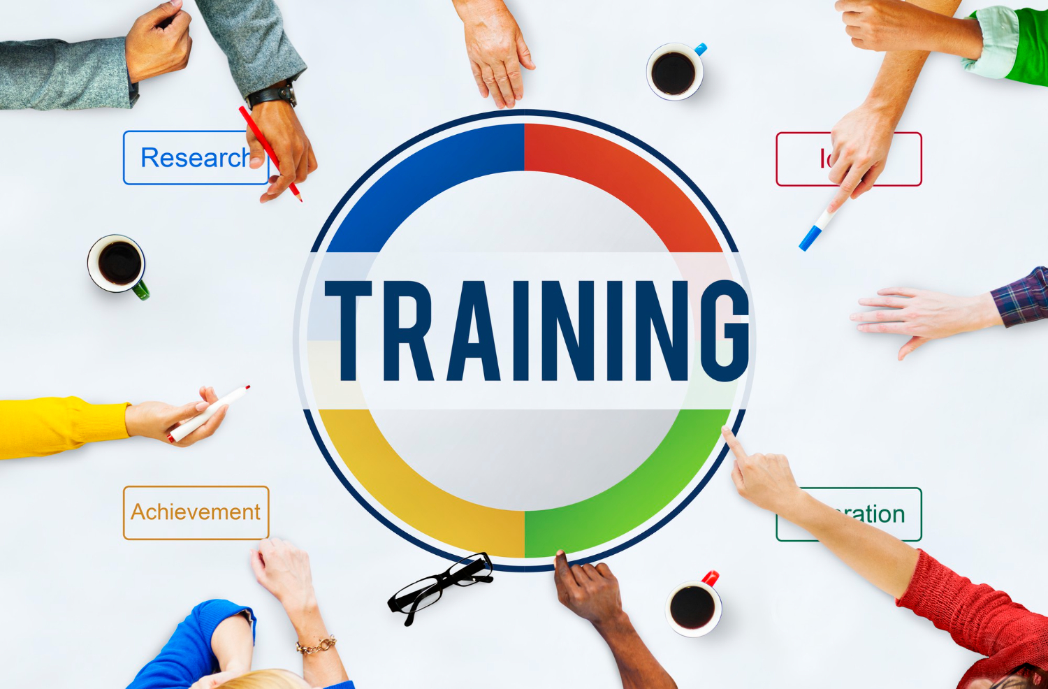 A photo of emblematic features of training including research and achievement, representing various types of training for employees in a strategic workflow.