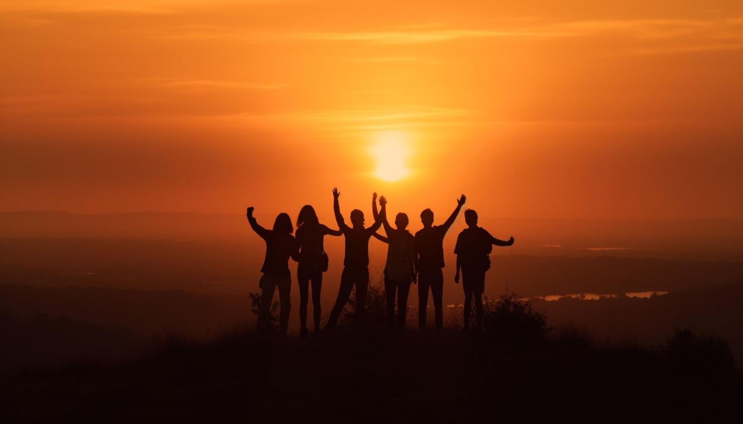 Photo of people standing on a mountain, looking at the sunset, representing a solidified team and representing the power of using inspirational quotes for every work team in beating procrastination and burnout.