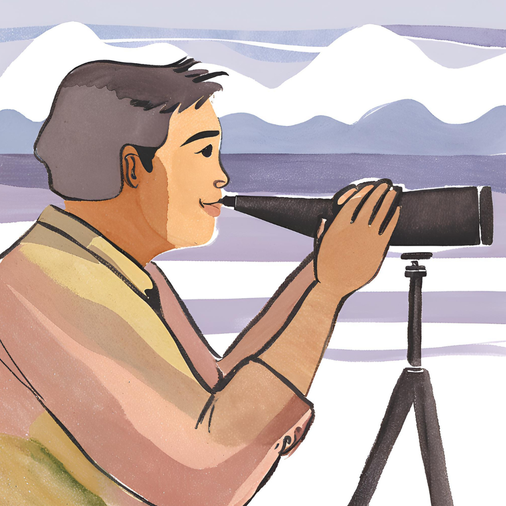 Watercolor picture of manager looking through a telescope, signifying having a vision-driven approach, which is one of the most important leadership skills and qualities.