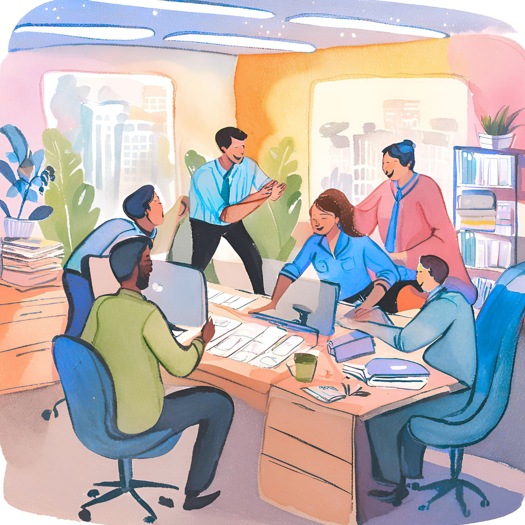 Watercolor picture of manager collaborating with employees, signifying nurturing a safe environment, which is one of the most important leadership skills and qualities.