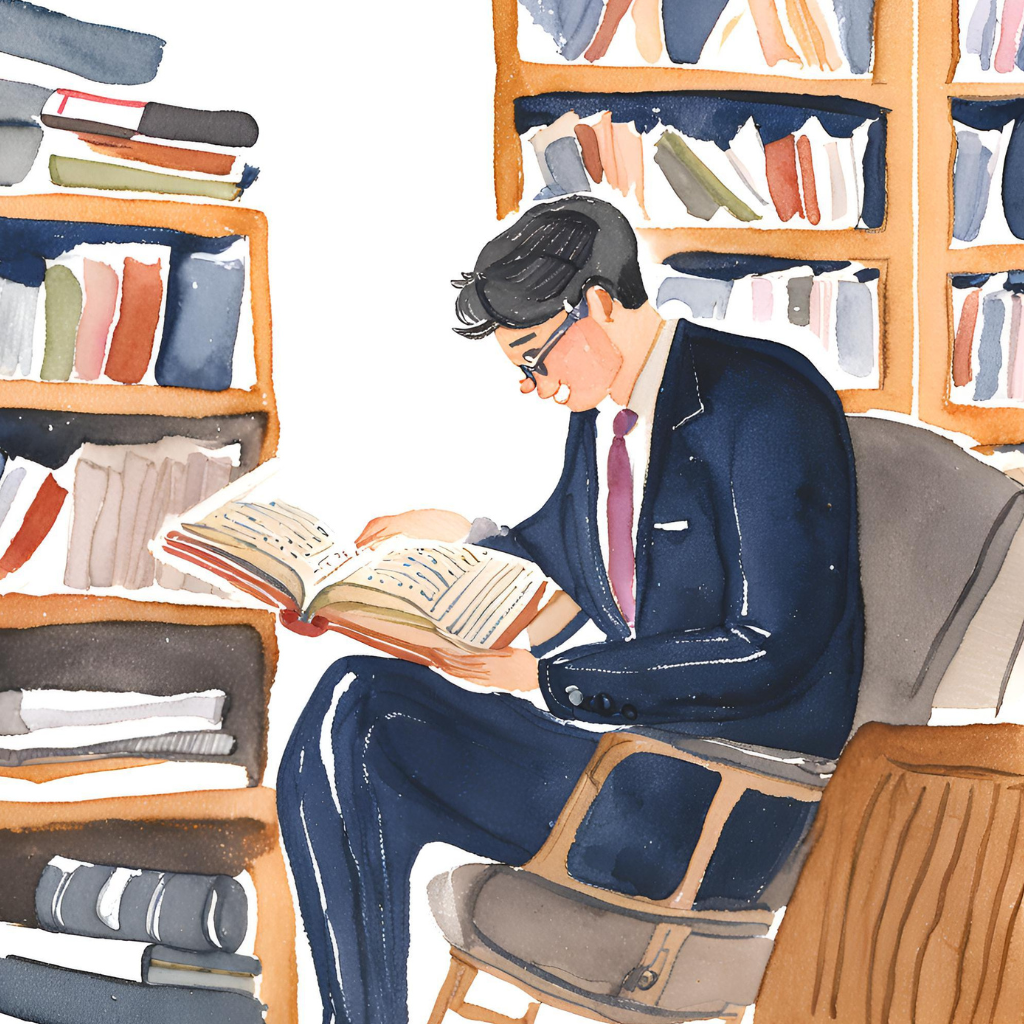 Watercolor picture of manager reading and studying, signifying continuous learning, which is one of the most important leadership skills and qualities.