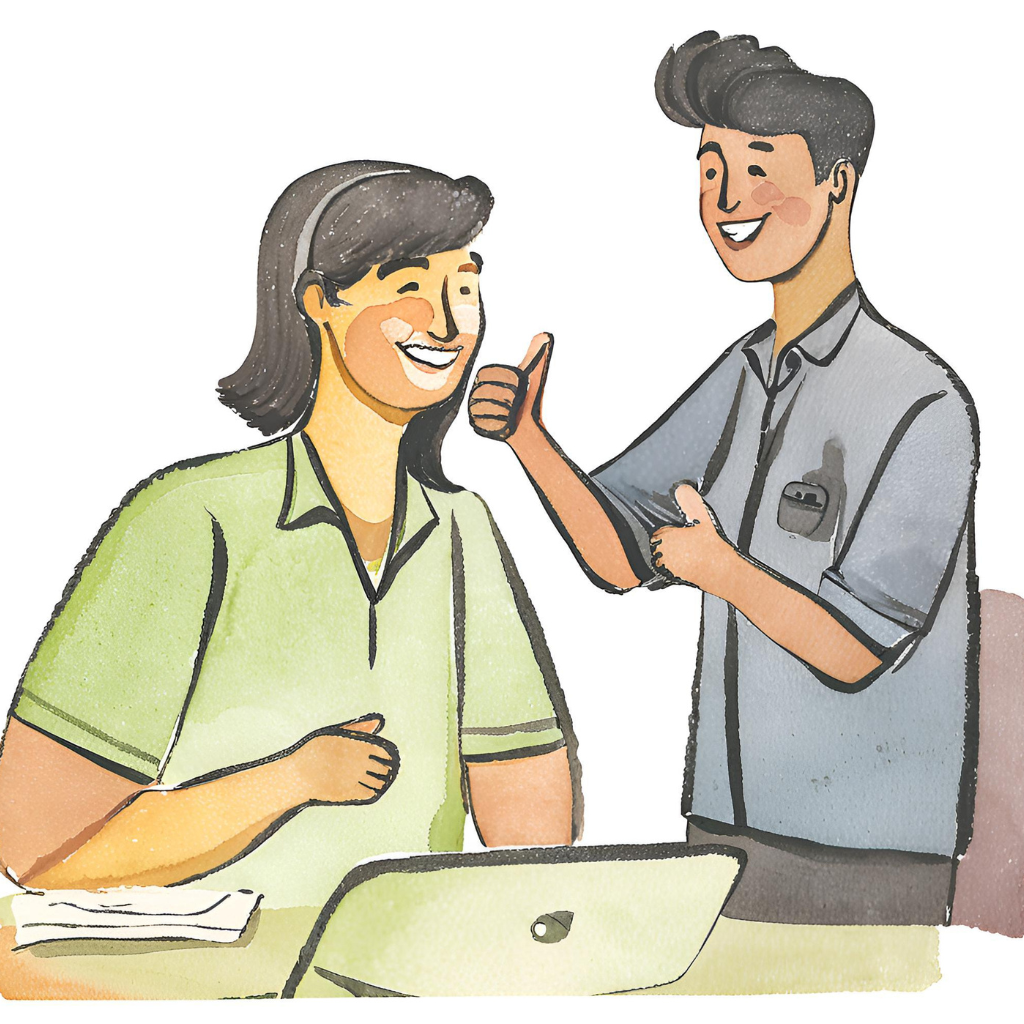 Watercolor picture of manager congratulating employee, signifying managing with trust, which is one of the most important leadership skills and qualities.