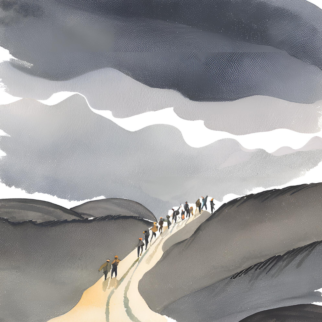 Watercolor picture of manager leading their team on a stormy road, signifying leading through change, which is one of the most important leadership skills and qualities.