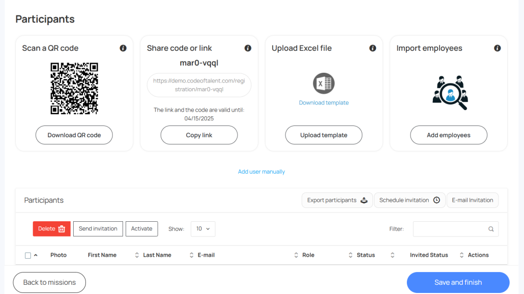 Screenshot of deploy options for missions generated on Code of Talent’s platform for different types of training for employees.