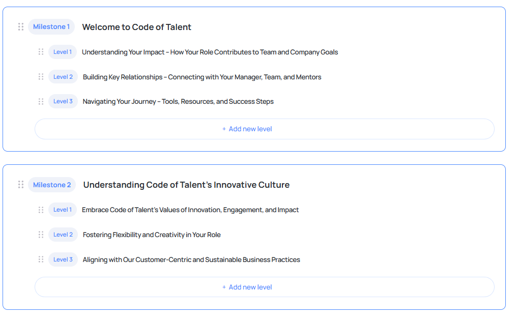 Screenshot of two microlearning missions being generated on Code of Talent’s platform for different types of training for employees.