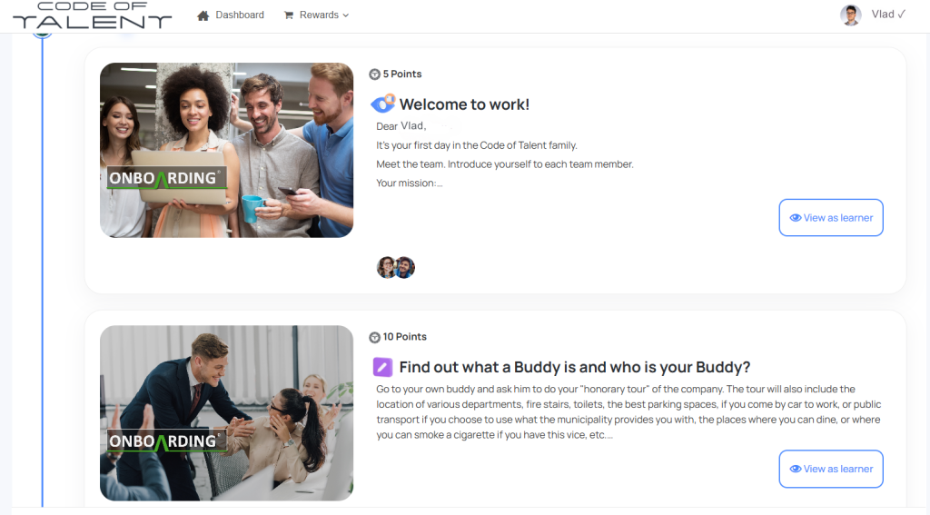 Screenshot of two final microlearning missions being generated on Code of Talent’s platform for different types of training for employees.