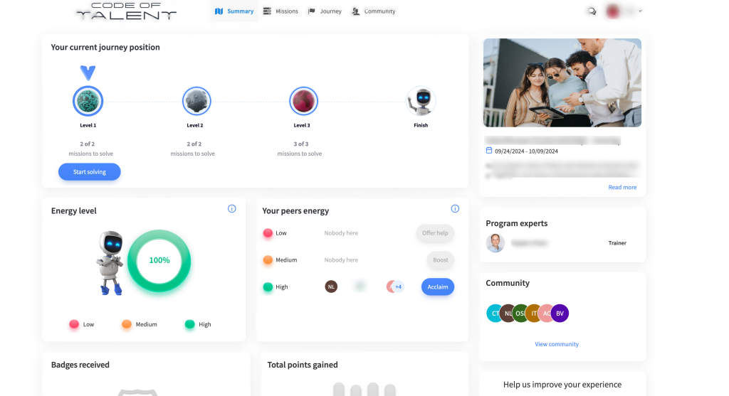 Screenshot of a microlearning platform and its gamification feature which includes points, badges, medals and energy levels. Gamification is part of employee onboarding trends for 2025.