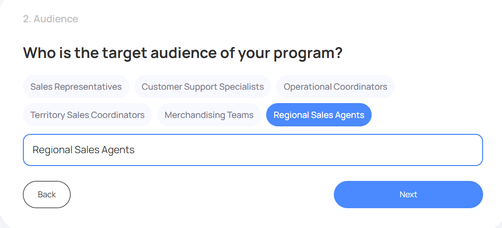 Screenshot of a question about the target audience for generating a training program for different types of training for employees.