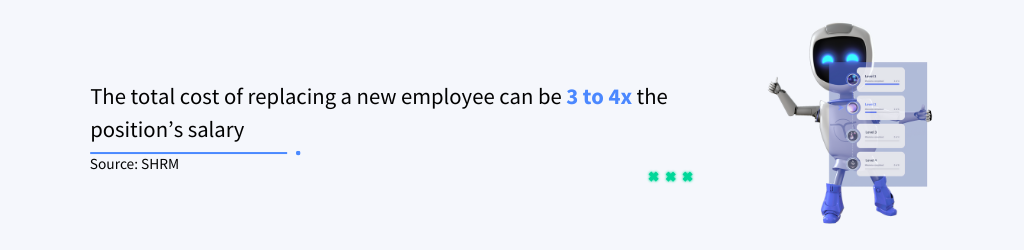 Photo of a SHRM quote that claims that the total cost of replacing a new employee can be from three to four times the position’s salary, which is why it’s important to keep up with the latest employee onboarding trends for 2025.
