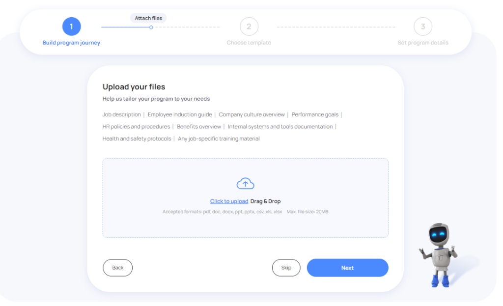 Screenshot of Code of Talent’s upload documents menu, which helps AI tailor training for different types of training for employees.