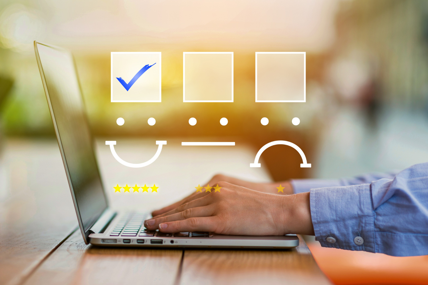 Photo of a man working on a laptop giving an online review, which shows the importance of feedback in communication.