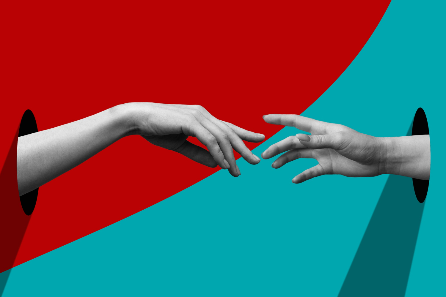 Two grayscale hands reaching out to touch across a bold red and teal background, symbolizing connection and empathy in customer service.