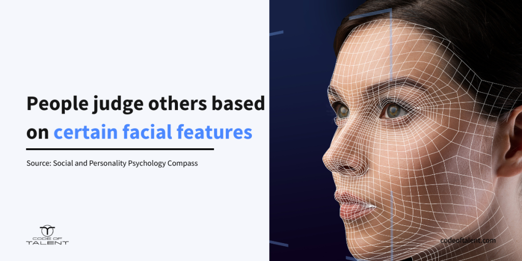 Infographic showing the stat "People quickly judge others based on facial features. We tend to connect certain looks—like baby-like faces or emotional expressions—to ideas about fitness, feelings, or identity, even if those connections aren’t always accurate", which explains why it's important to have good nonverbal communication in the workplace
