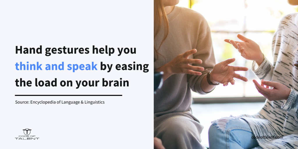 Infographic showing the stat "Using hand gestures makes it easier to think and speak by taking some pressure off your brain, even if you don’t realize you’re doing it", which explains why it's important to have good nonverbal communication in the workplace