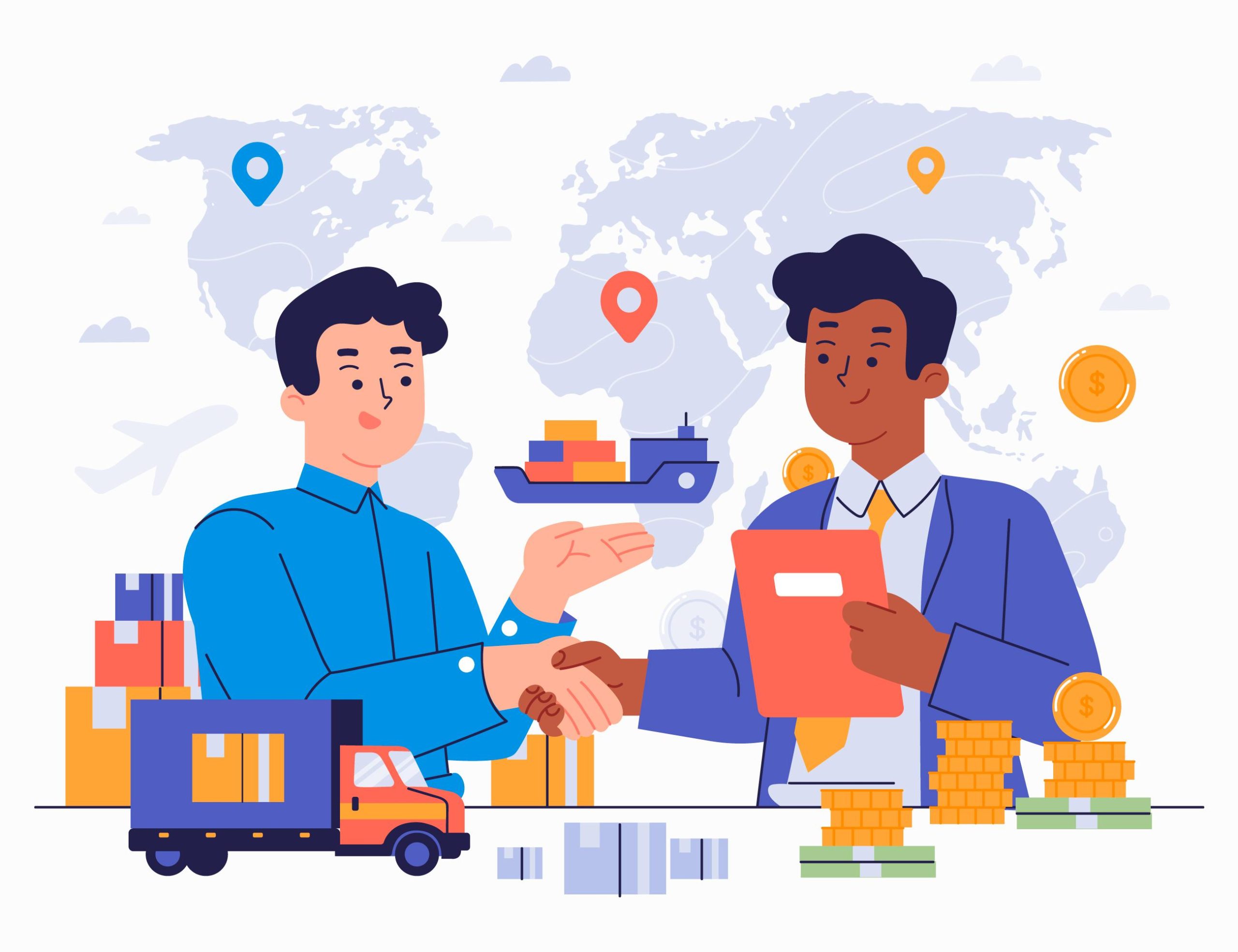 Illustration of two business professionals shaking hands, surrounded by shipping boxes, cargo transport symbols, and global trade icons—representing international logistics and collaboration, symbolizing the global reach and importance of a franchise training program.