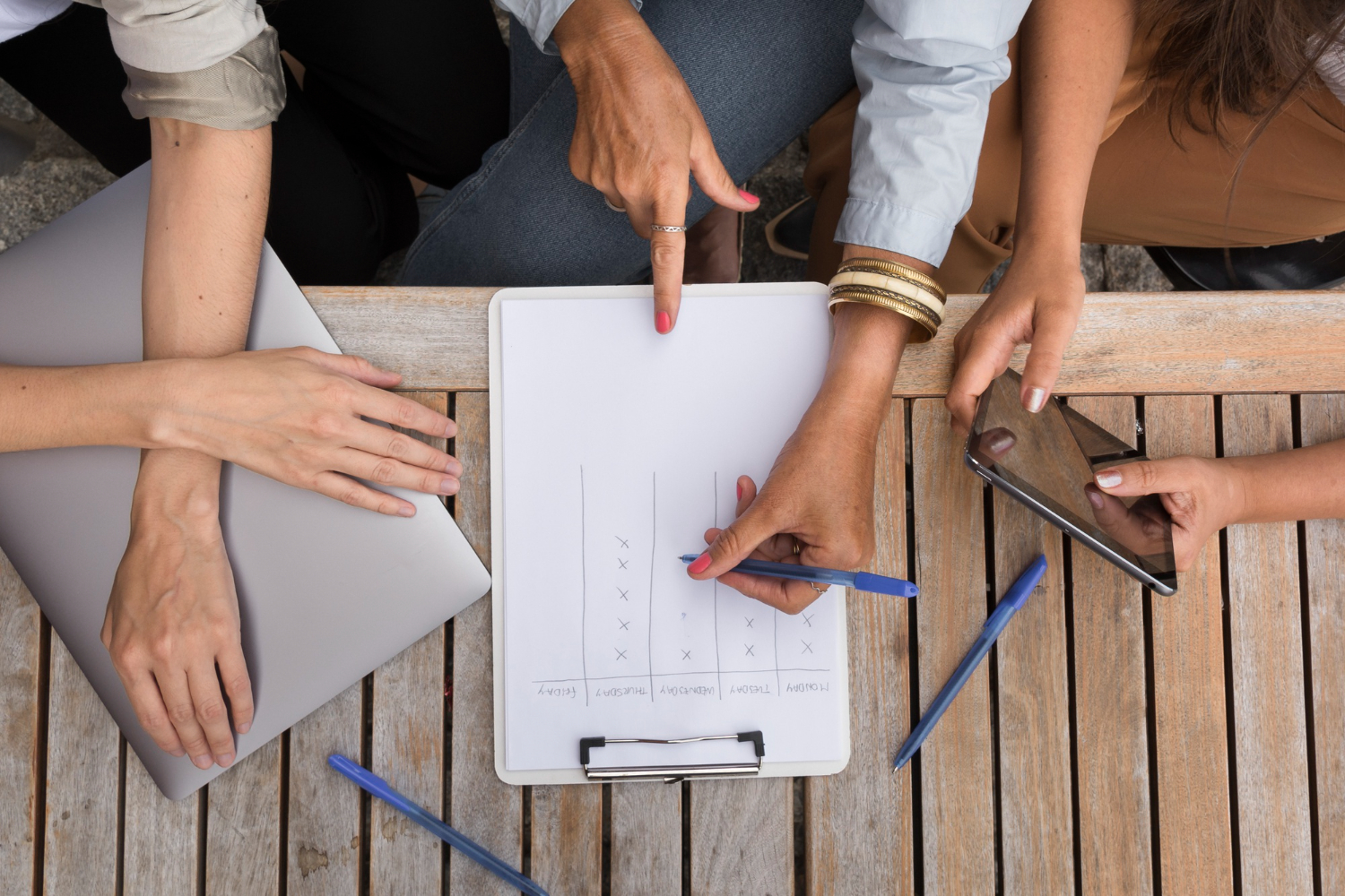 People looking over an employee training plan template, which is essential in improving performance