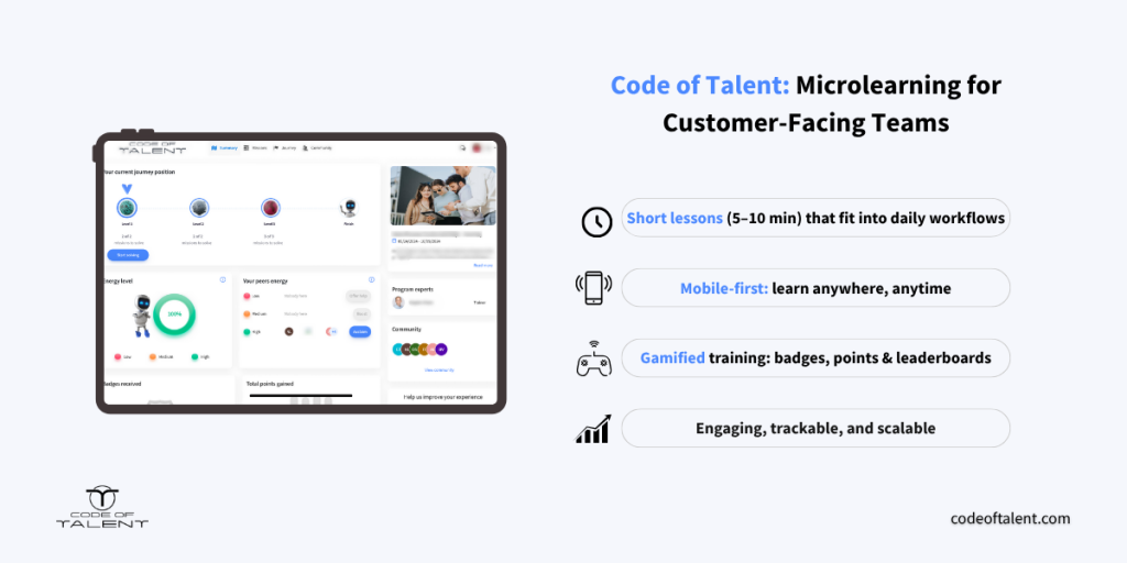 Infographic promoting Code of Talent, a microlearning platform perfect for hospitality customer service training.