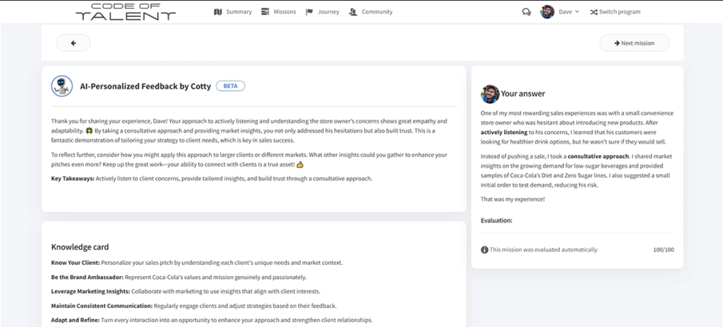 Screenshot of Code of Talent's AI virtual assistant, which is important for menu knowledge training.