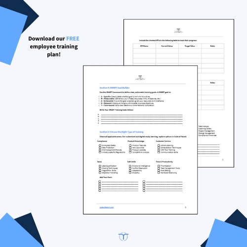 Photo with screenshots of Code of Talent's employee training plan template