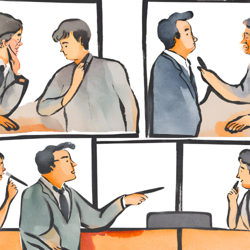 Watercolor picture of managers helping employees, signifying leading with empathy, which is one of the most important leadership skills and qualities. 